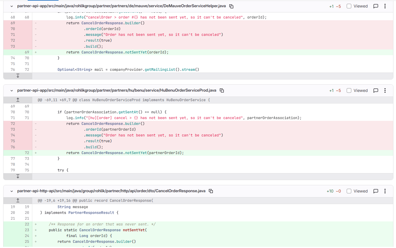 The agent replaced the duplicated guard across partner order services with a single CancelOrderResponse.notSentYet(...) factory method